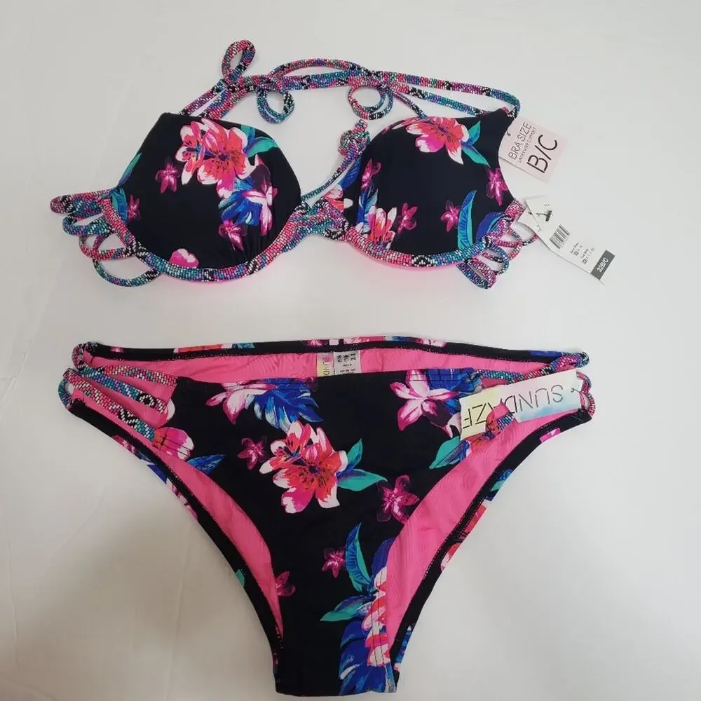 NWT Sundaze harper 2pc black pink multi floral bikini swimsuit 32 B/C LG large